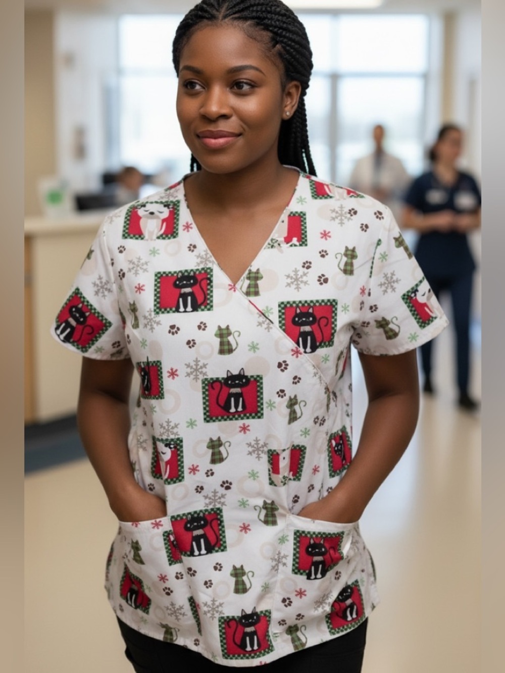 SB Scrubs Medium Christmas Kitty Puppy Print Top